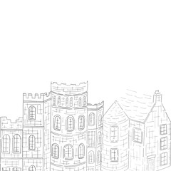 Watercolor illustration of the cityscape. Aquarelle spots and flowers.