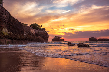 Sunset view of the grande beach in Biarritz, France .