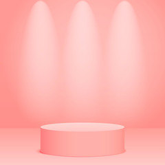 Pink round podium. Pedestal in pastel colored room with spot lights scene. Vector illustration.