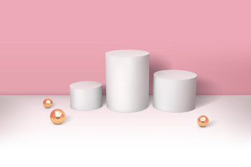 Minimal abstract cylinder shape and golden sphere, wall scene. Platform, podium to advertise various objects. Vector illustration in pastel colors