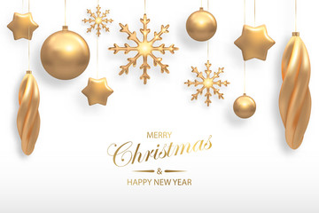 Vector illustration of Christmas background with golden 3d realistic christmas ball, star, snowflake decorations isolated on white. New year and xmas holiday winter concept
