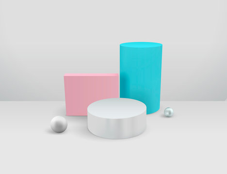 Minimal abstract cylinder shape, sphere and cube, wall scene. Platform, podium to advertise various objects. Vector illustration in pastel colors