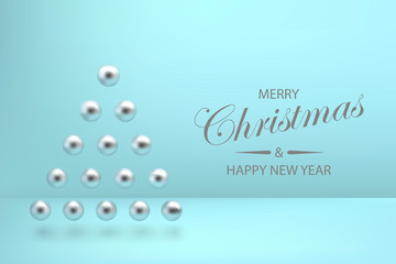 Abstract glossy Christmas tree made of silver metallic sphere geometric shapes. New year and xmas decoration concept. 3d minimal pastel colored background