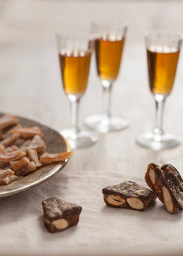 Wine and candy on linen for a party
