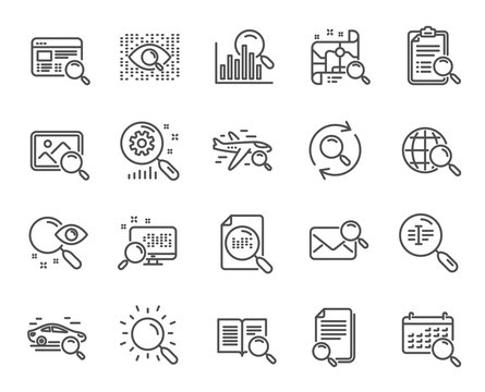 Search line icons. Set of Indexation, Artificial intelligence and Car rental linear icons. Airplane flights, Web search engine and Analytics graph symbols. Photo, Find text and mail. Vector
