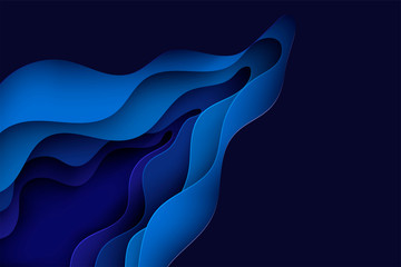 Deep paper art cartoon abstract waves. Paper carve background. Modern origami design template. Vector illustration. 3d paper layers, sea waves