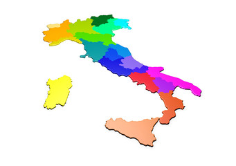 Mappa 3D dell’Italia con le sue regioni colorate, 3D rendering