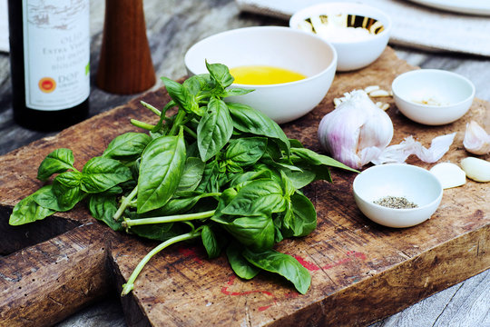 Still life with fresh basil and garlic