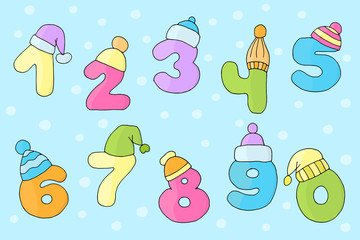 Vector numbers from 0 to 9 in winter hats