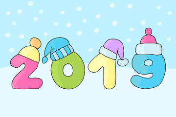Vector 2019 New Year in winter hats