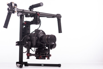 Sistem stabilization video camera and lens on steady equipment support such as gimbal steady or stabilized. White background