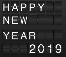 Happy New Year 2019 card in display board style (solari board, flightboard, flipboard), black and white 