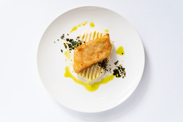 mashed potato with fried fish