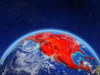 North America on planet Earth with country borders and highly detailed planet surface and clouds.