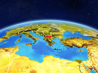 Macedonia on planet Earth with country borders and highly detailed planet surface and clouds.