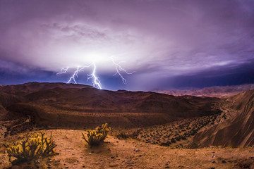Lightning bolts during a thunderstorm in the Anza-Borrego Desert