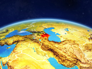 Azerbaijan on planet Earth with country borders and highly detailed planet surface and clouds.