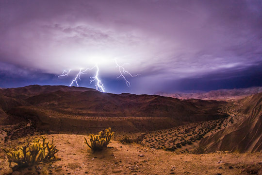 Lightning bolts during a thunderstorm in the Anza-Borrego Desert