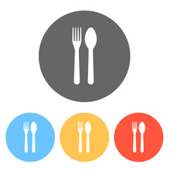 Fork and spoon, icon. Kitchen tools. Set of white icons on colored circles