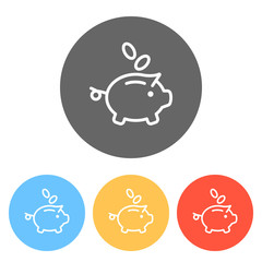 Piggy bank, dollar coins. Business icon. Set of white icons on colored circles