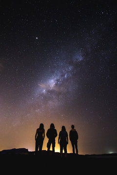 silhouette of people looking into the night sky