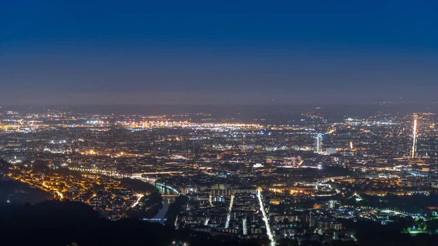 Turin torino skyline aerial view from night to day sunrise timelapse video in 4K , Italy city.