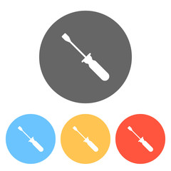 Simple silhouette of screwdriver. Set of white icons on colored