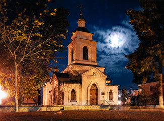 Old orthodox church in Poltava city, Ukraine at night