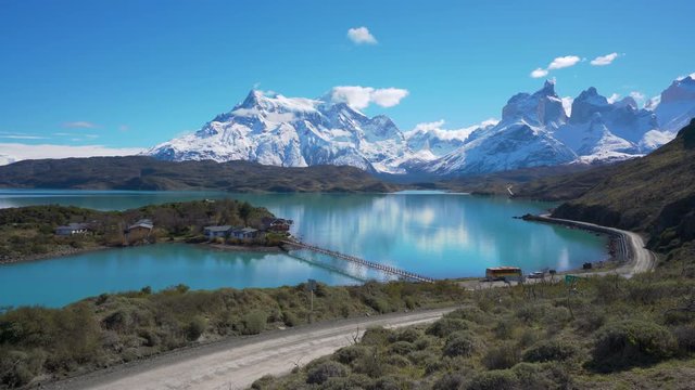 4k dolly shot of mountains and lake in Torres del Paine National Park in Chile