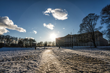 Sunset over the Royal Palace of Norway.