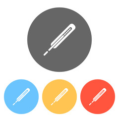 Medical thermometer for body. Set of white icons on colored circ