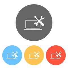 Laptop repair service. Set of white icons on colored circles