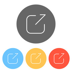 Share, logout or upload. Diagonal arrow out square. Set of white