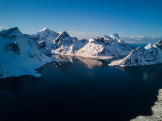 Aerial drone photo - Beautiful mountains of the Lofoten Islands archipelago.  Reine, Norway