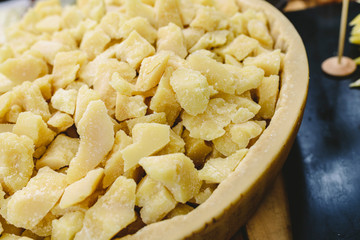 Many pieces of Italian Parmesan cheese Grana Padano