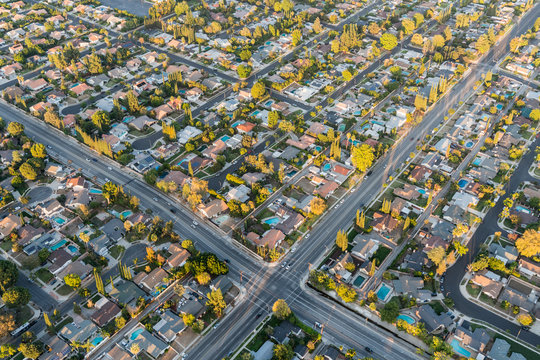 Aerial view of streets and homes near Lassen St and Winnetka Ave in the San Fernando Valley region of Los Angeles, California.