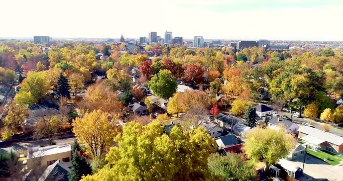 Fast moving in the direction of city skyline with beautiful fall trees