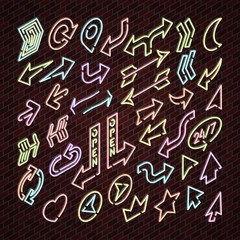 Neon arrow vector glowing arrows and illuminated arrowheads directions illustration isometric set of cursed pointer design of different colors up down heart star isolated on background