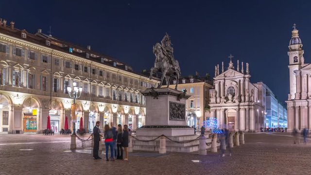 Piazza San Carlo square in Turin Italy at night hyperlapse timelapse in 4k.
