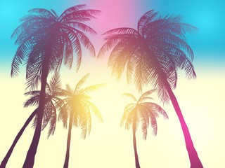 Row of tropic palm trees against sunset sky. Silhouette of tall palm trees. Tropic evening landscape. Gradient color. Vector illustration. EPS 10