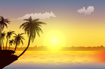 Plakat Row of tropic palm trees against sunset sky. Silhouette of tall palm trees. Tropic evening landscape. Gradient color. Vector illustration. EPS 10