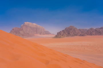 Fototapeta na wymiar Sand-dunes in Wadi-Rum desert, Jordan, Middle East