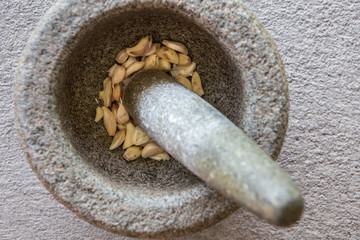 Garlic in stone mortar