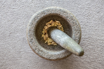 Garlic in stone mortar