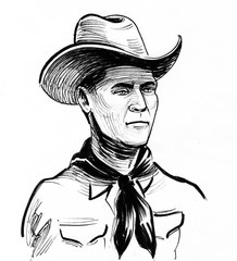 Cowboy character in hat. Ink black and white illustration