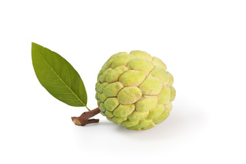 sugar apple or custard apple with green leaf isolated and white background
