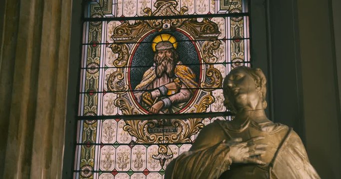 Stained glass window of King Saint Stephen in The Catholic Dome of Timisoara.