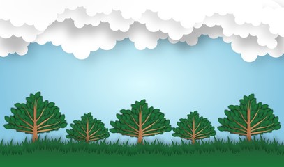 abstract grass landscape with many tree and cloud, vector, illustration, paper art style, copy space for text