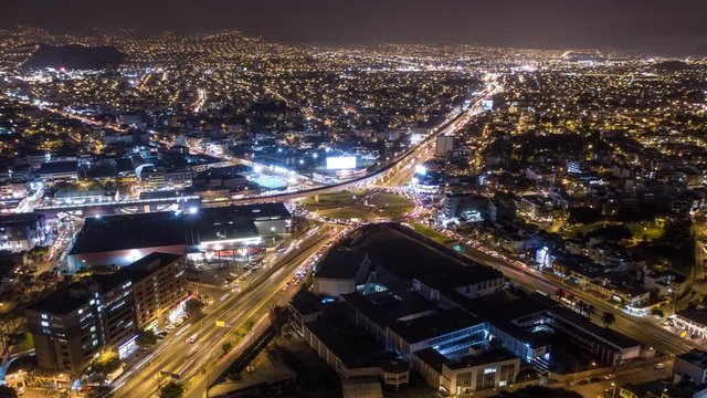 Aerial hiperlapse view of Lima at night, in higuereta town.