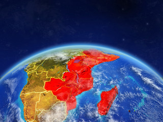 East Africa on planet Earth with country borders and highly detailed planet surface and clouds.